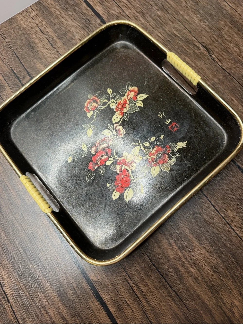 Vintage Floral Serving Trays - Black with Red Flower Motif